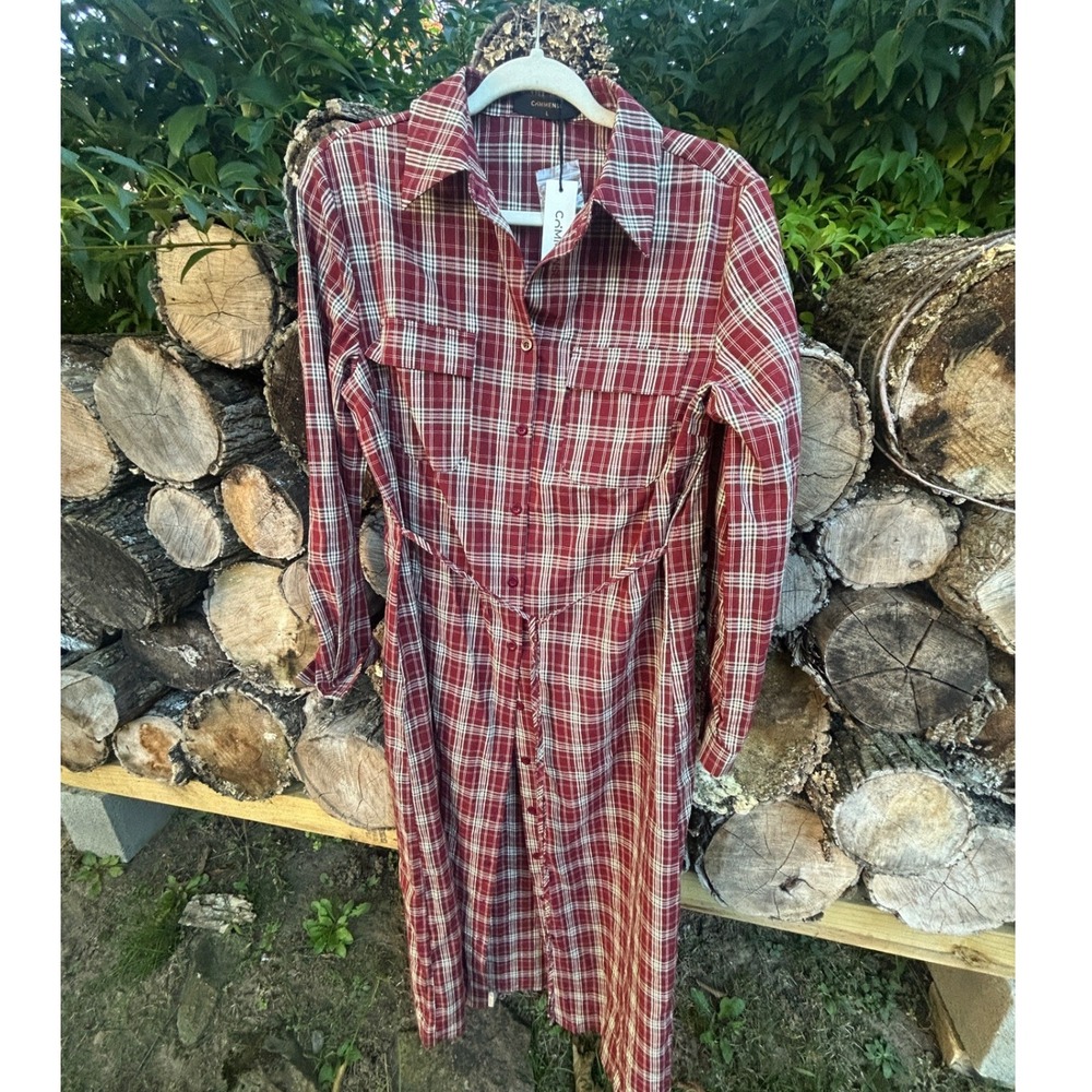 Commense Shirt Dress Cotton Plaid Button Down Midi Y2K Dark Academia Burgundy